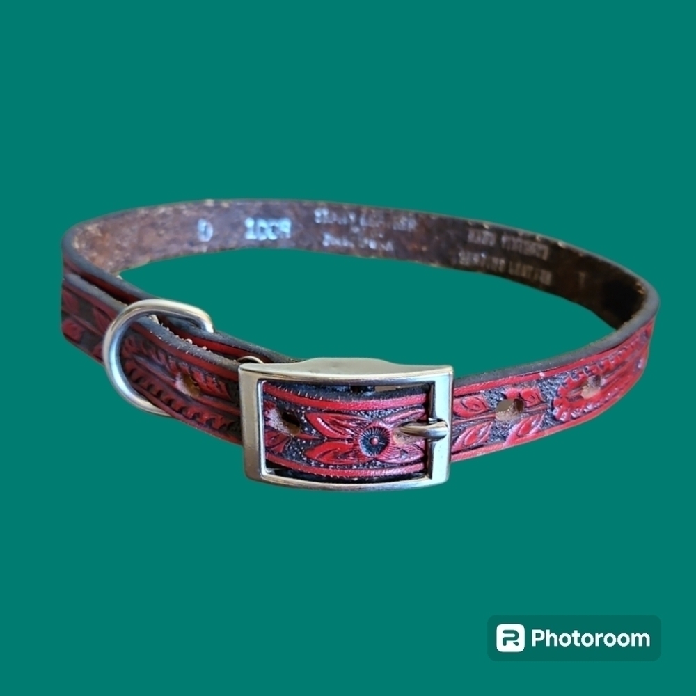 TEXAS LEATHER MFG Red Floral Western Leather Dog Collar NWOT